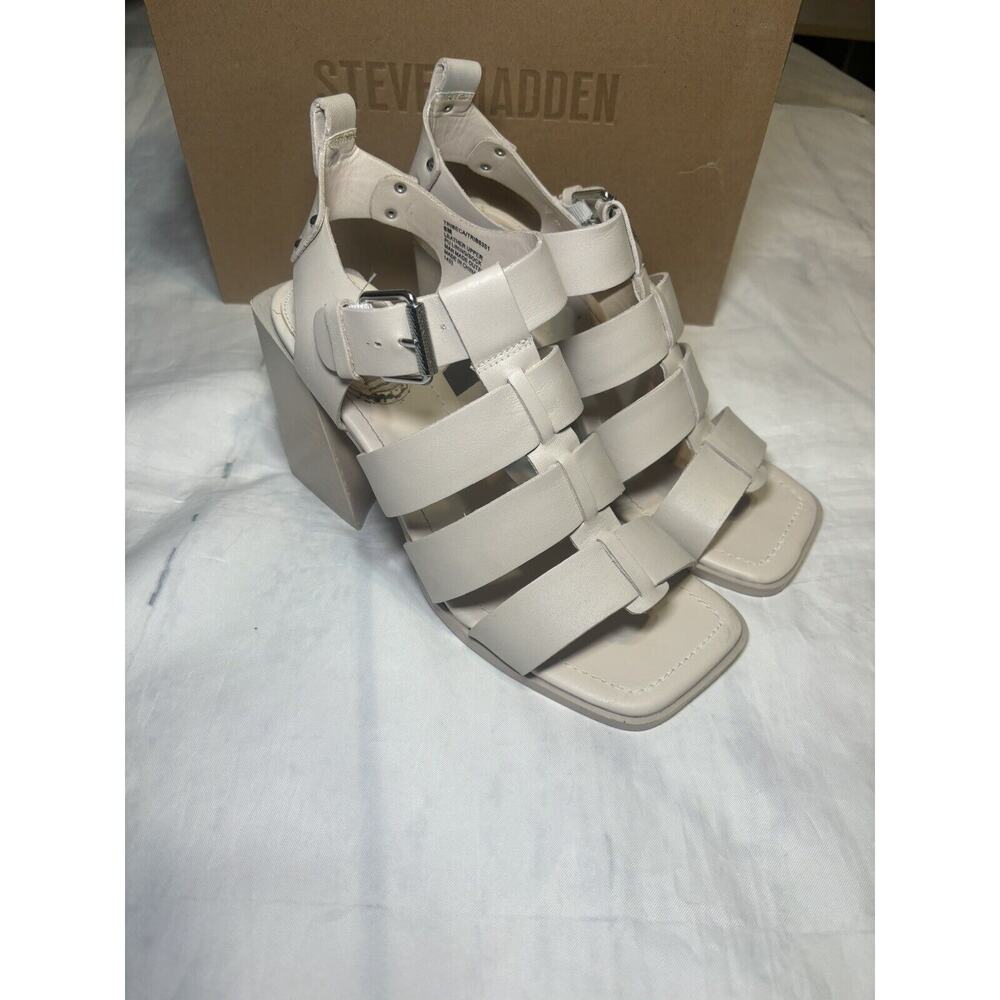 Steve Madden Sz 8M Tribeca‎ Heeled Sandal Womens Bone Cream Leather (rr)